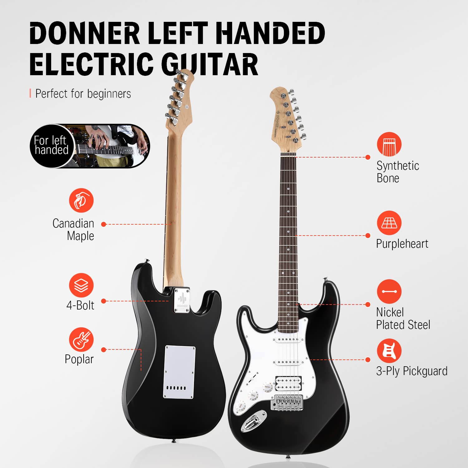 Donner 39 Inch Left-Handed Electric Guitar Kit Solid Body Black Lefty Beginner Set Full-Size with Amplifier Online Lesson Bag Di